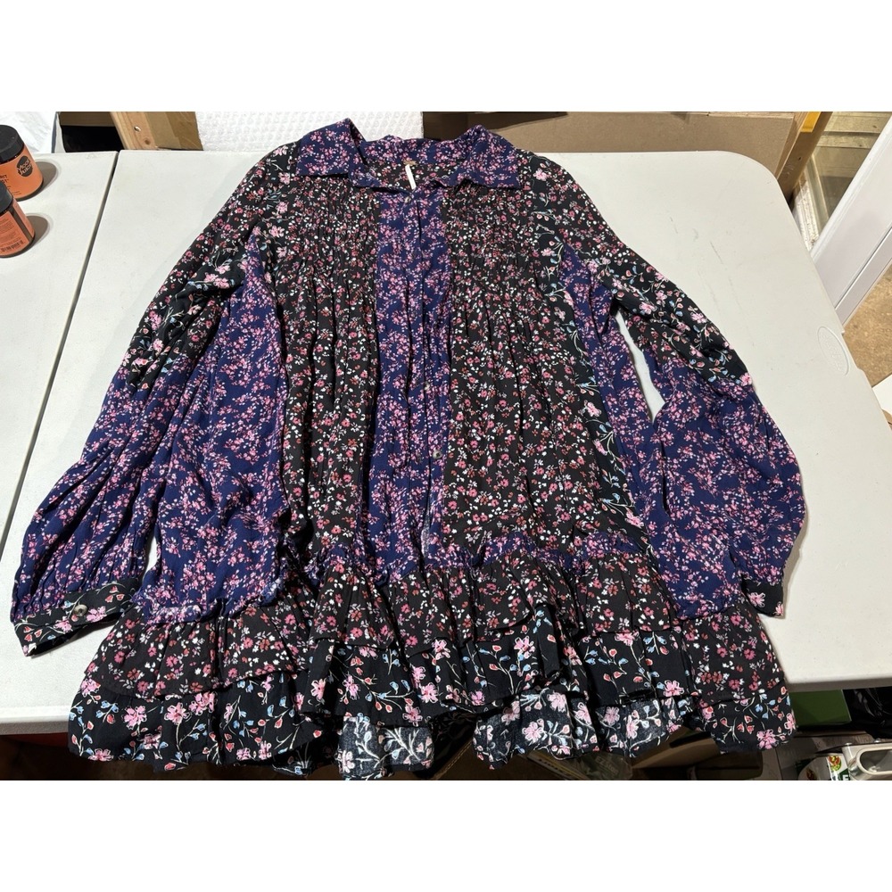 Free People Lost In You Floral‎ Boho Printed Pleated Purple Tunic Dress Size S